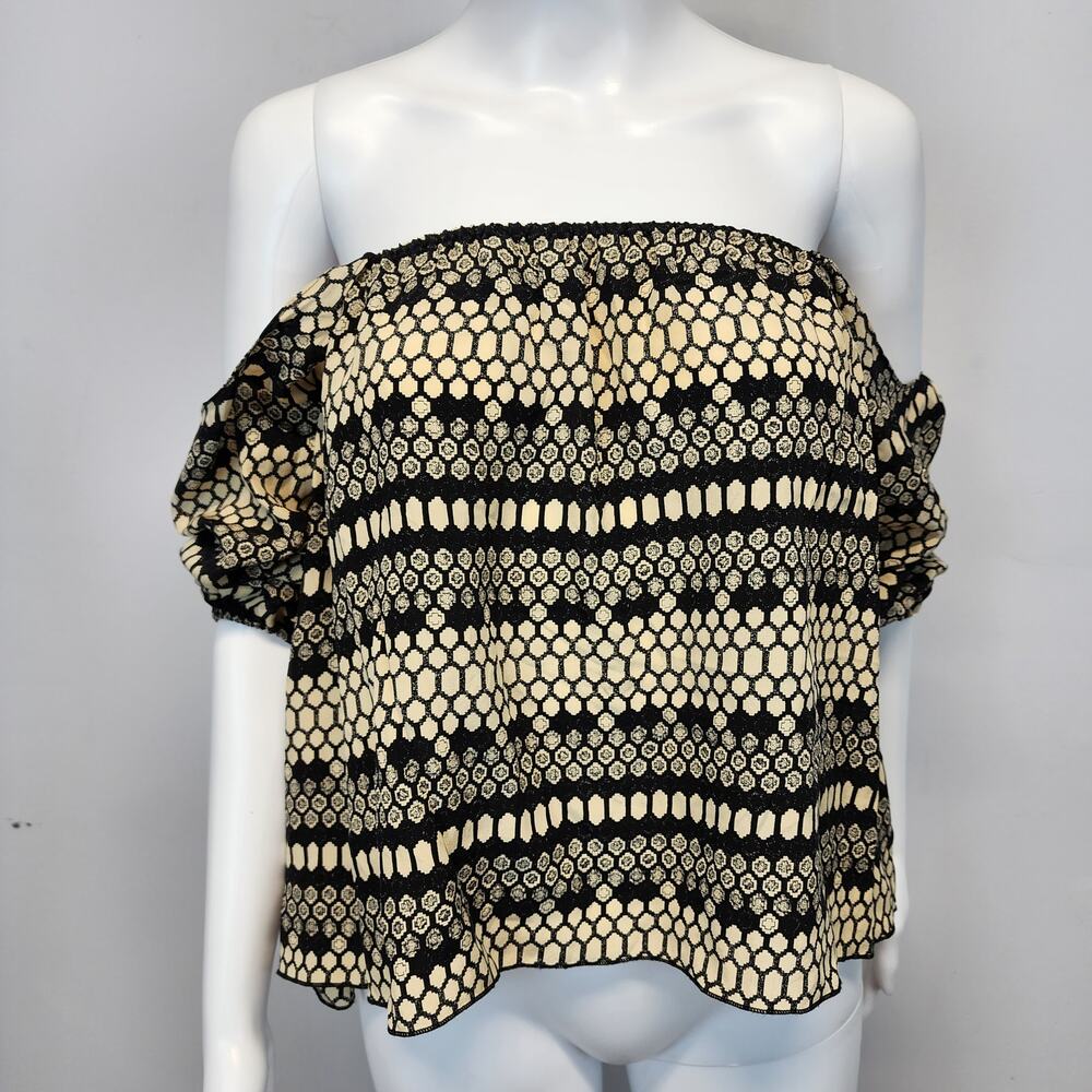 Merritt Charles Womens Off Shoulder Blouse Size XS Black Tan 100% Silk Geometric